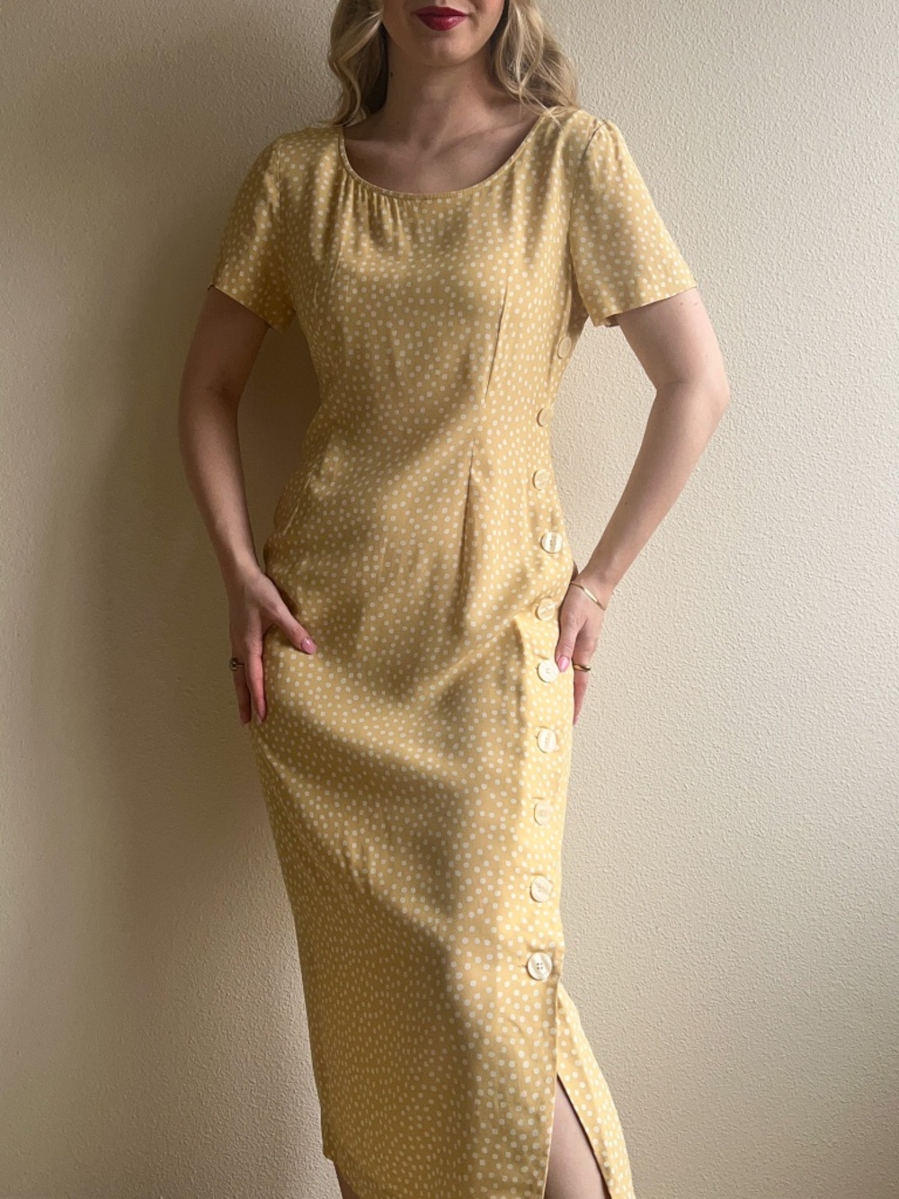 Vintage 1990s Maggy London Cream Buttoned Midi Dress (M/L)